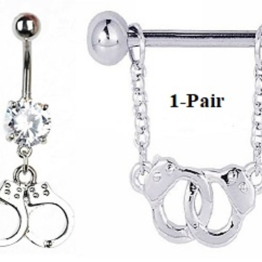 Navel & Nipple Piercing ~ Law Enforcement Handcuffs ~ Silver ~ Set